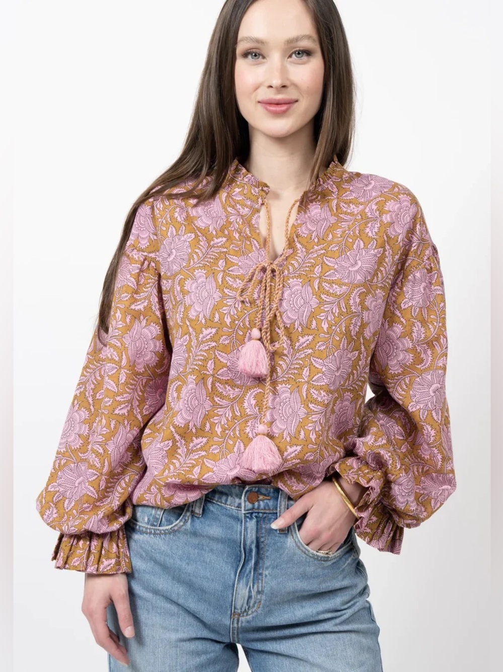 Ivy Jane Pink & Mustard Floral Cotton Tassel Tie Blouse, Size XL